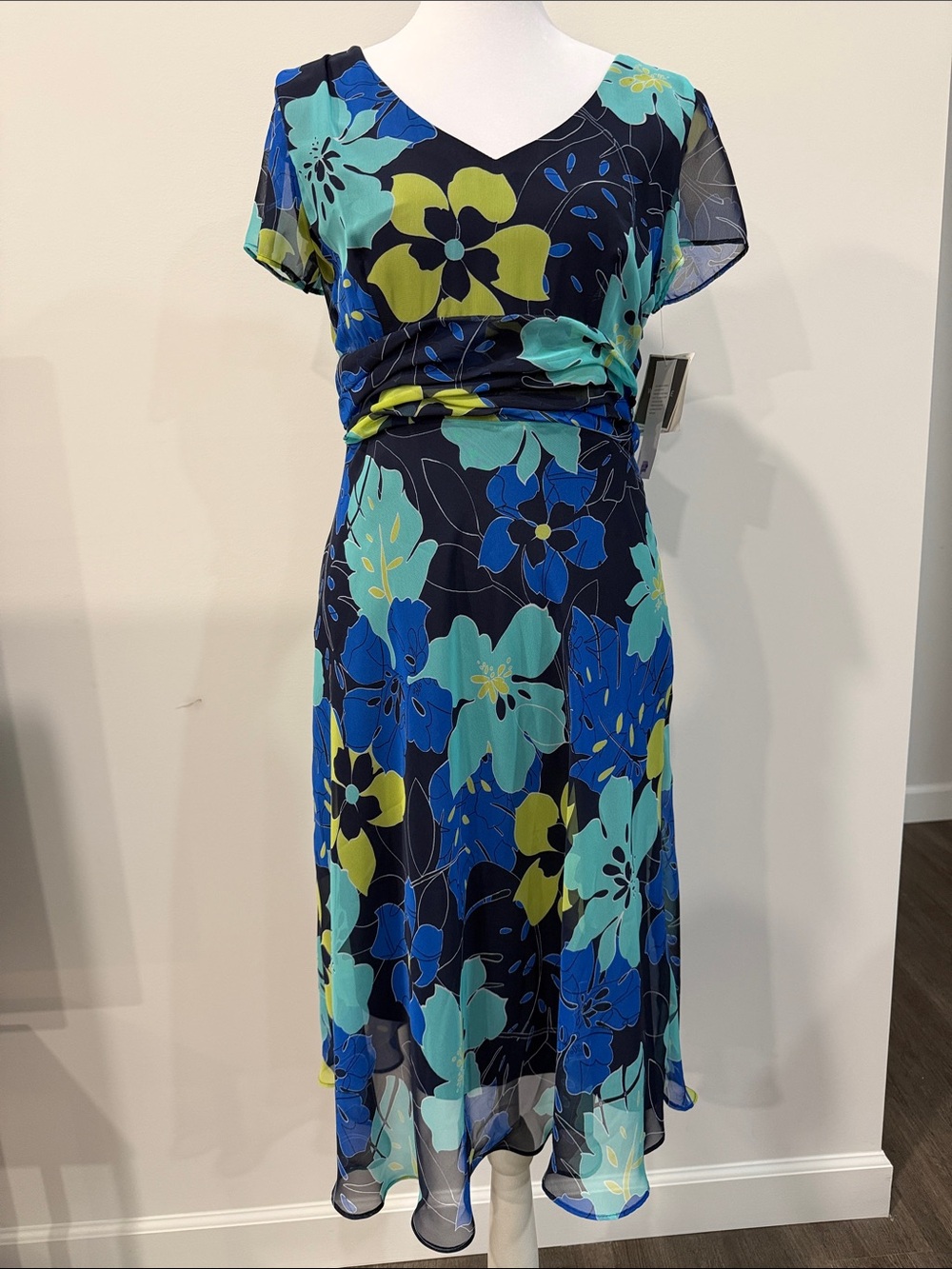 NWT Sag Harbor Blue Green Floral Midi Dress 4 Petite Spring Garden Party